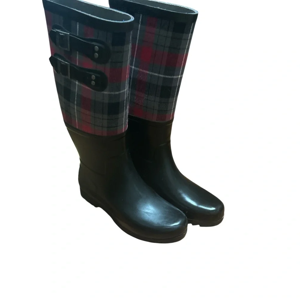 UGG Australia Plaid Rain Boots Womens Size 8 Waterproof Tall Wellies Black